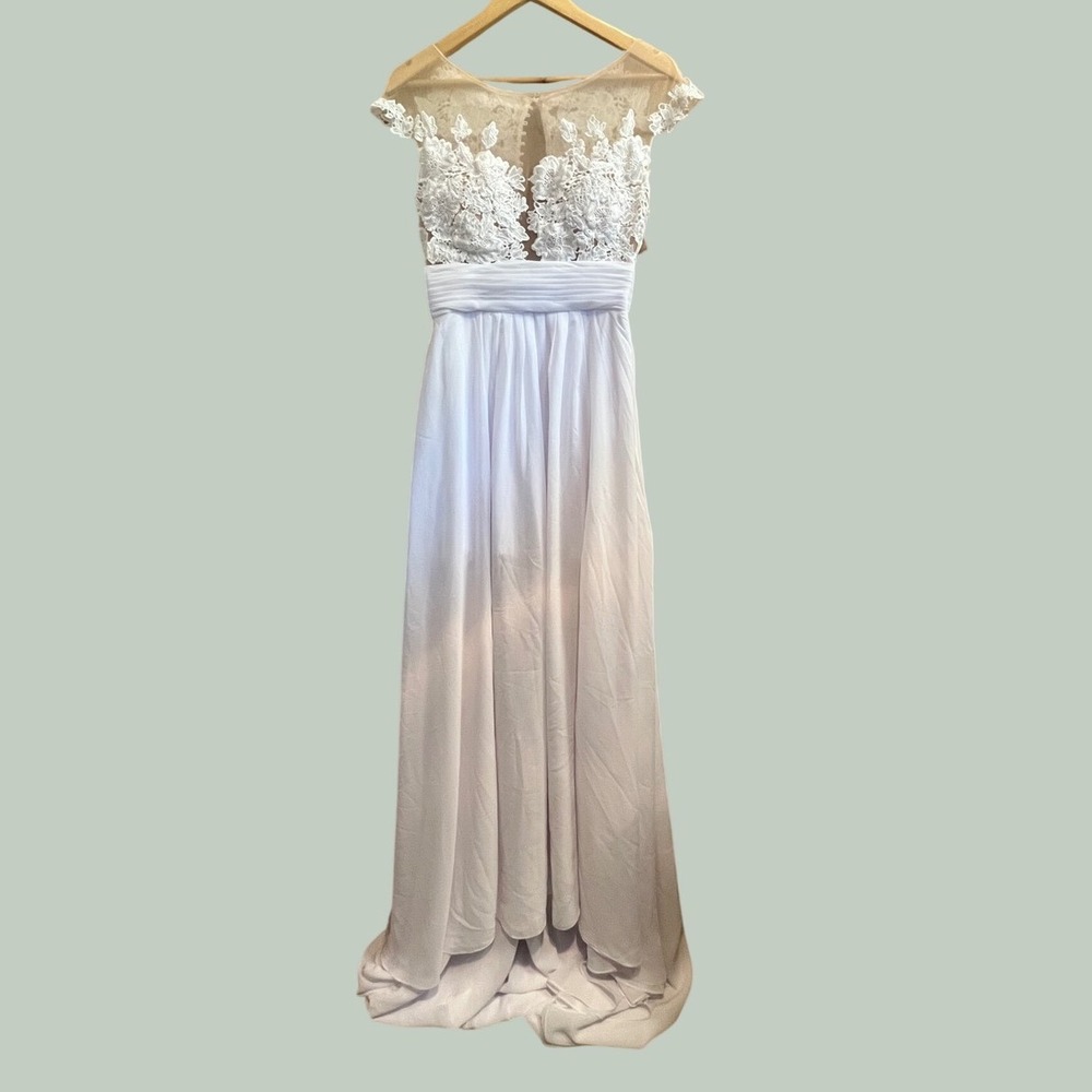 Lavetir Wedding Dress Women 6 White Lace Illusion Neckline Chiffon Train Gown